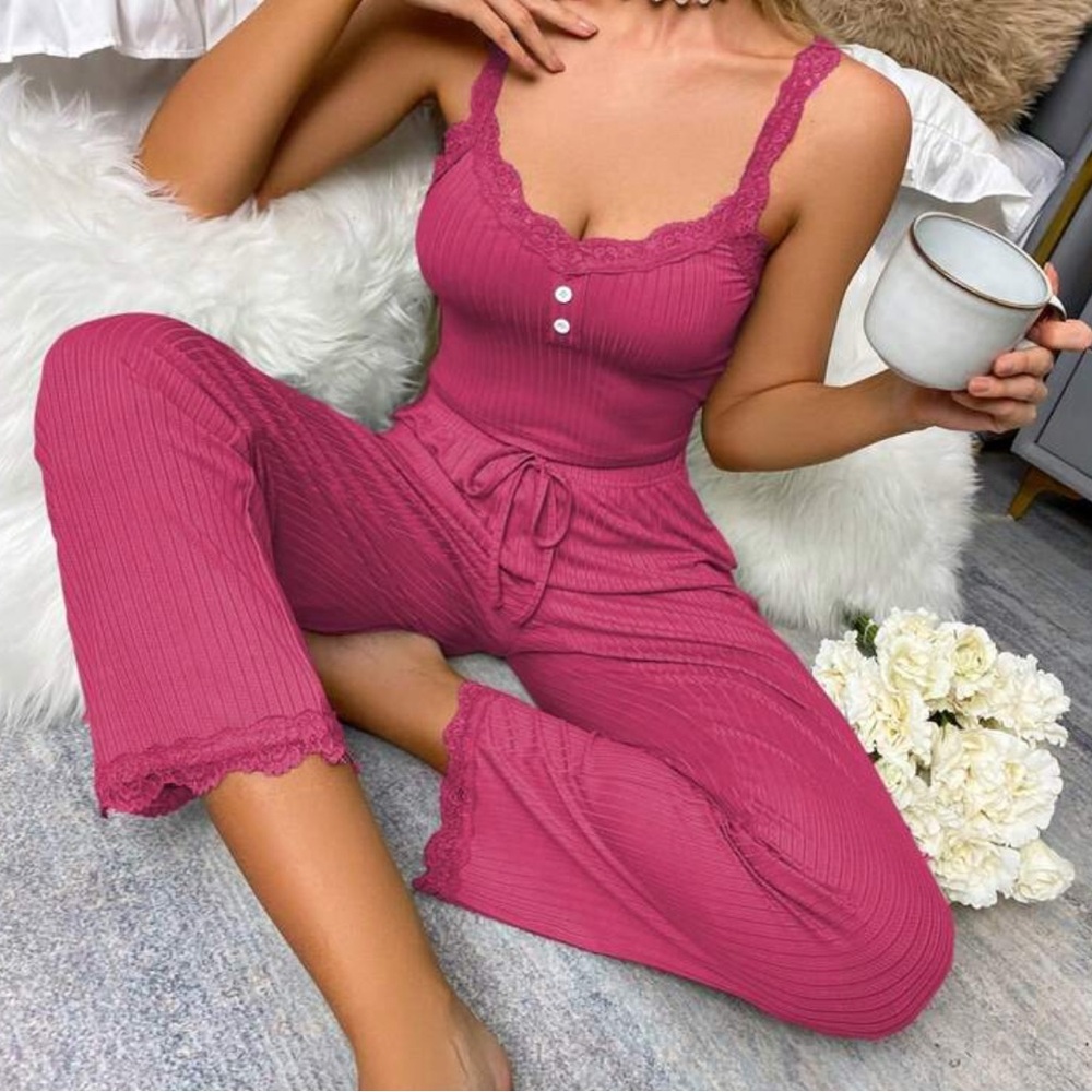 SHEIN Rose Pink Lace Trim 3 Piece Pajama Set